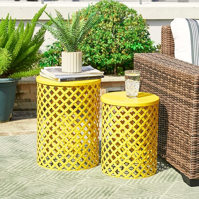 Glitzhome Outdoor Side Table Set of 2, Decorative Garden Stool for Indoor Outdoor Heavy Duty Metal Frame Accent Table Modern End Table, Yellow