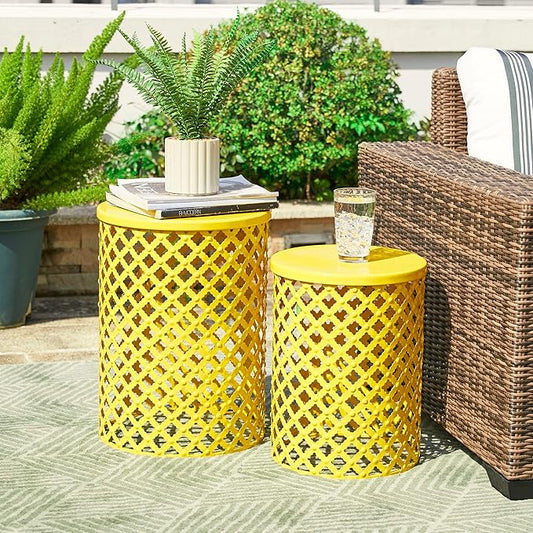 Glitzhome Outdoor Side Table Set of 2, Decorative Garden Stool for Indoor Outdoor Heavy Duty Metal Frame Accent Table Modern End Table, Yellow