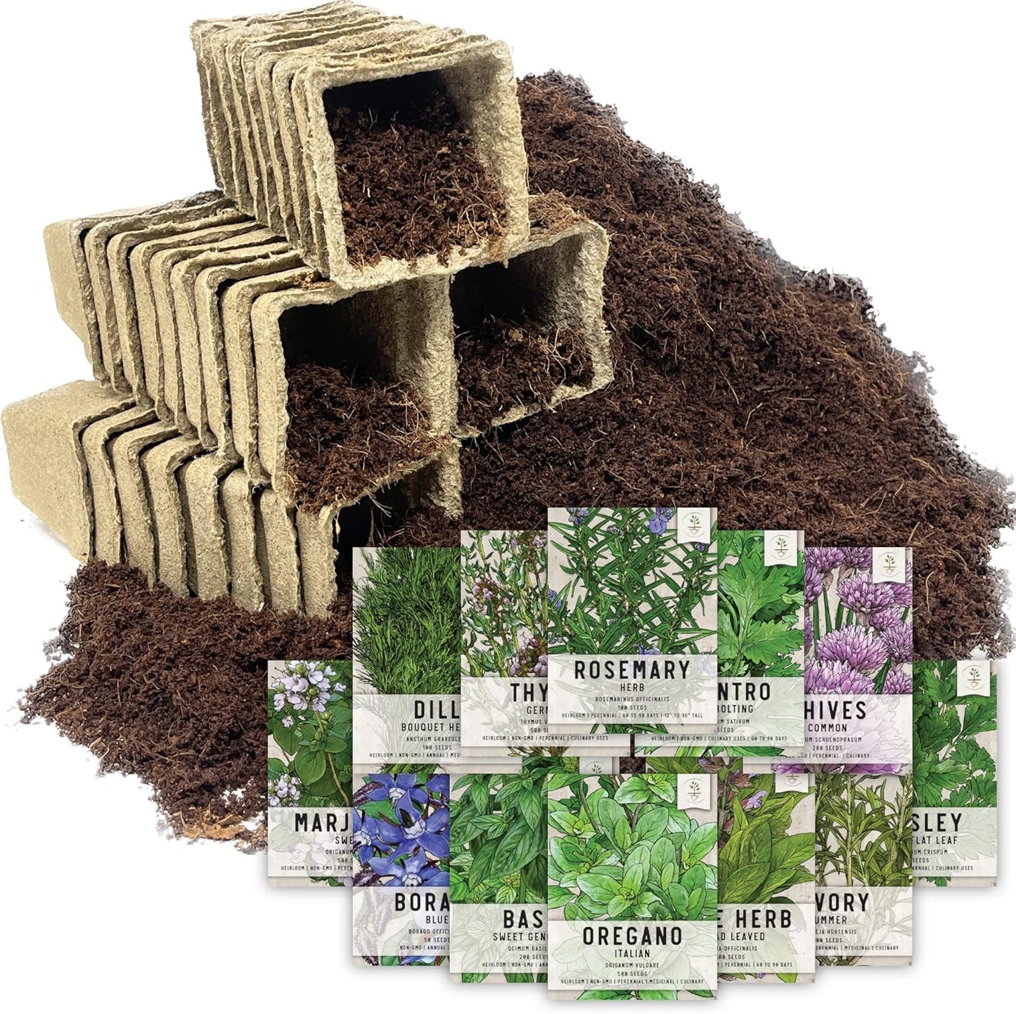 Seed Needs, Culinary Herb Seed Packet Collection Seed Starting Bundle (Includes 12 Individual Seed Packets, 36 Starter Pots & 1 Expandable Coco Coir Brick) Heirloom, Non-GMO, Untreated