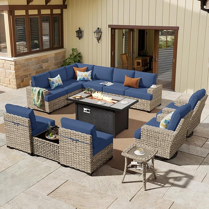 HOOOWOOO Outdoor Sectional Patio Furniture Set with Fire Pit Table,13 Pieces Wicker Conversation Sets L Shaped Couch,Extra Deep Out Door Sofa Outside Furniture with Swivel Chairs,Denim Blue