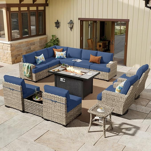 HOOOWOOO Outdoor Sectional Patio Furniture Set with Fire Pit Table,13 Pieces Wicker Conversation Sets L Shaped Couch,Extra Deep Out Door Sofa Outside Furniture with Swivel Chairs,Denim Blue