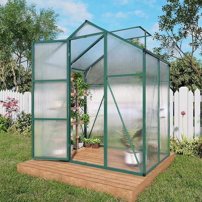 6*4.2*7.2FT Greenhouse for Outdoors, Polycarbonate Greenhouse with Stronger Wind Protection and Roof Vent, Walk-in Large Aluminum Sunroom Winter Proof, Green