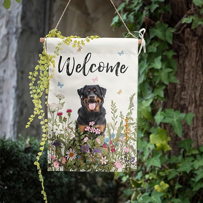 Spring Summer Garden Flag Floral Rottweiler Yard Flag Flower Dog Garden Flags for Outside Small Outdoor Welcome Flags 12x18 Double Sided