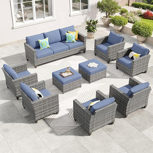 ovios Patio Furniture Set, 9 Pieces Outdoor Wicker Sofa Couch with 6 Chairs, Ottomans and Comfy Cushions, All Weather High Back Rattan Conversation Set, Denim Blue