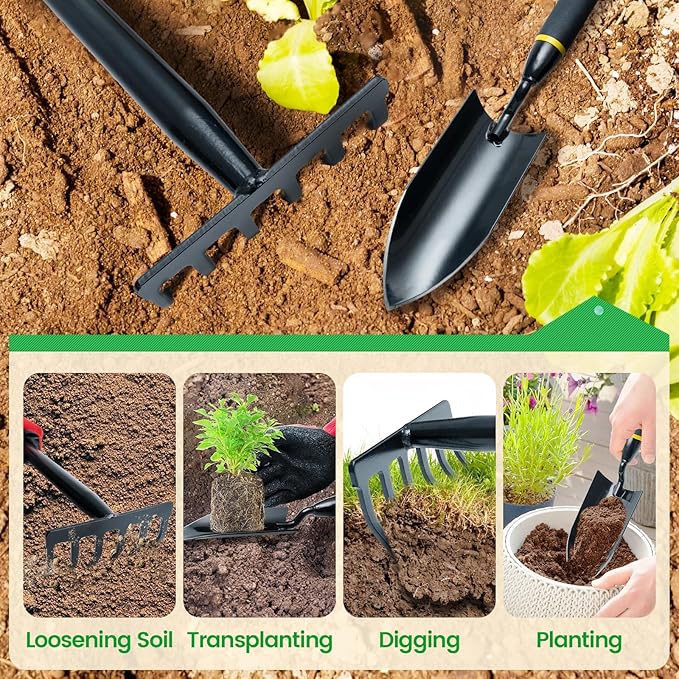 Garden Tool Set, 2 Piece Heavy Duty Gardening Hand Tools with Comfortable Handle, Including Garden Trowel and 6-Tine Rake, Durable Gardening Gift for Kids Men Women