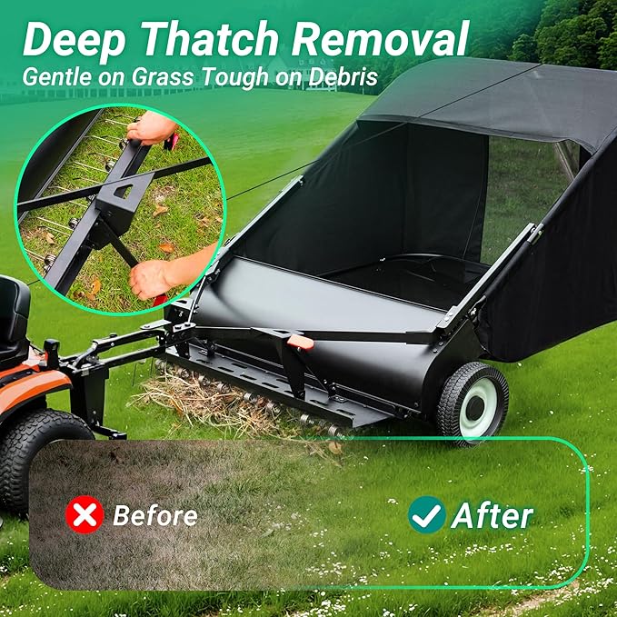 Suchtale 42" Tow Behind Lawn Sweeper with Dethatcher – 21 Cu. Ft. Leaf Collector with Adjustable Sweeping Height, Large Hamper Windscreen for Lawn, Yard, & Artificial Grass, Tractor/Mower Attachments