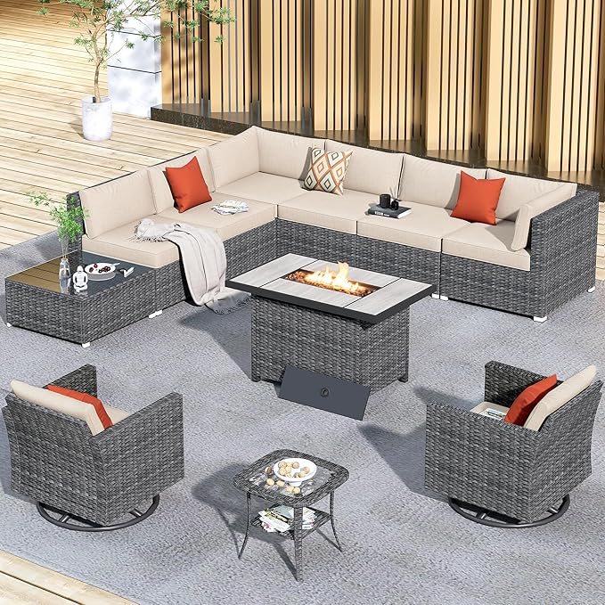 HOOOWOOO 11 Piece Patio Sectional Furniture Set with Fire Pit Table,Modern Wicker Outdoor Conversation Sofa Sets,Weather Resistant Modular L Shaped Outside Couch Swivel Chair Set(Beige)