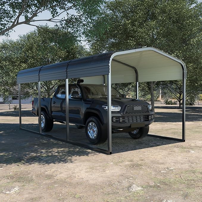 MUPATER 10 x 15 FT Heavy Duty Metal Carport, Outdoor Garage Car Shelter Shade with Heavier Metal Frame, Metal Roof and Bolts for Car, and Boats, Grey