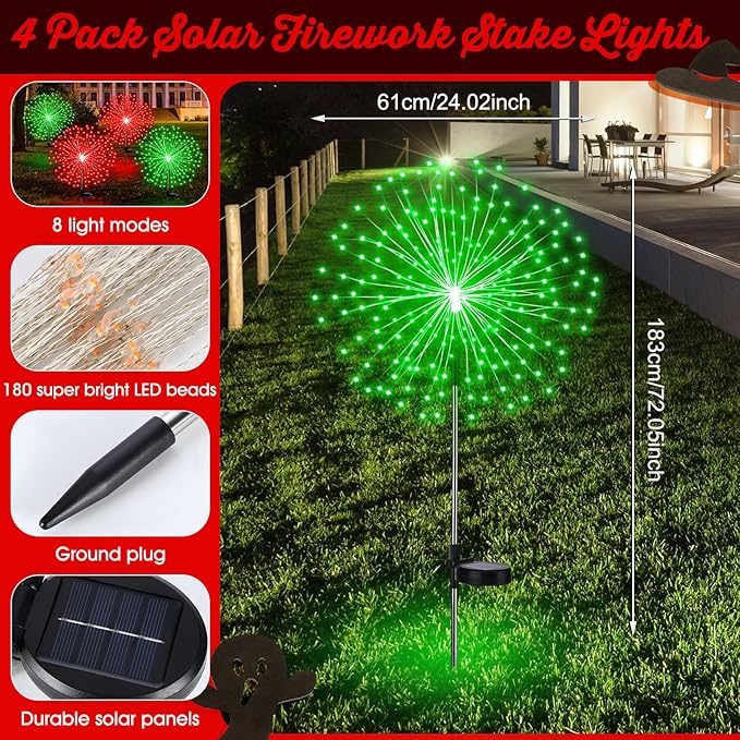 4 Pack Halloween Solar Lights Christmas Solar Firework Lights Outdoor 180 LEDs 8 Modes Waterproof Stake LED Sparkler Decoration Landscape Garden Pathway Patio Walkway Yard Lawn Decor(Red Green)
