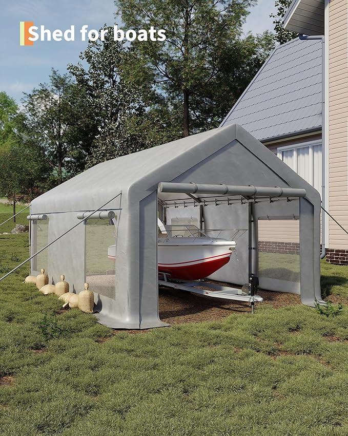 12x20 Ft Carport, Heavy Duty Portable Garage with Roll-Up Doors & 4 Windows,200g PE Tarp Waterproof & UV Protected,All-Weather Design,for Car, Boat, Truck, Motorcycle, ATVs, and SUV