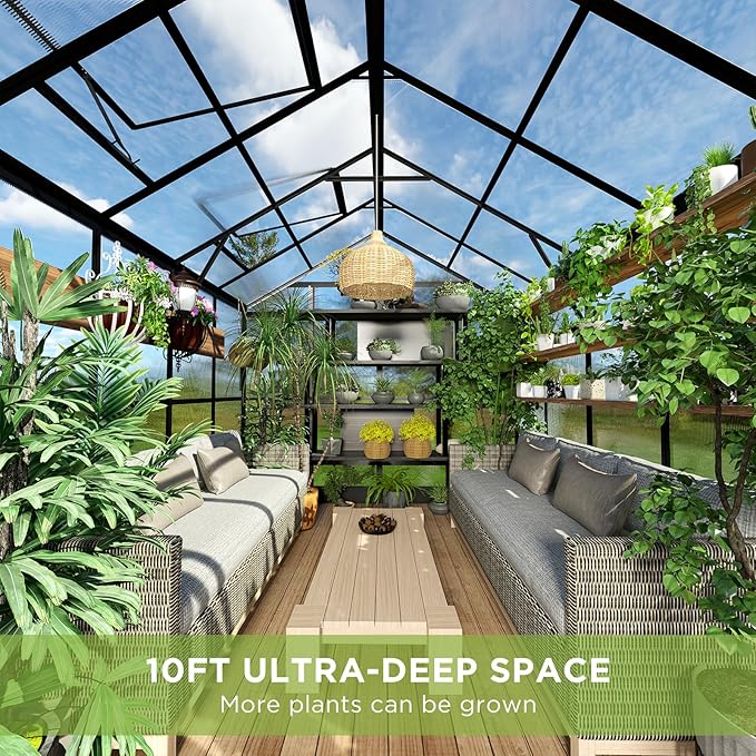HOWE 8x10x7.5 FT Polycarbonate Greenhouse Double Swing Doors 2 Vents 5.2FT Added Wall Height, Walk-in Large Aluminum Greenhouse Sunroom Winter Greenhouse for Outdoors, Black (54FG-5)