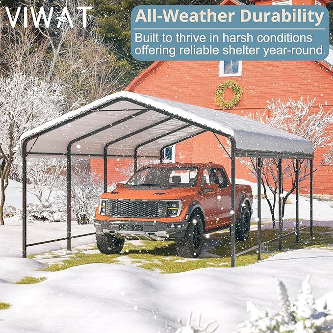Carport 12x20 FT Metal Carport with Enhanced Base Outdoor Heavy Duty Garage Galvanized Car Shelter for Pickup, Boat, Car and Tractors