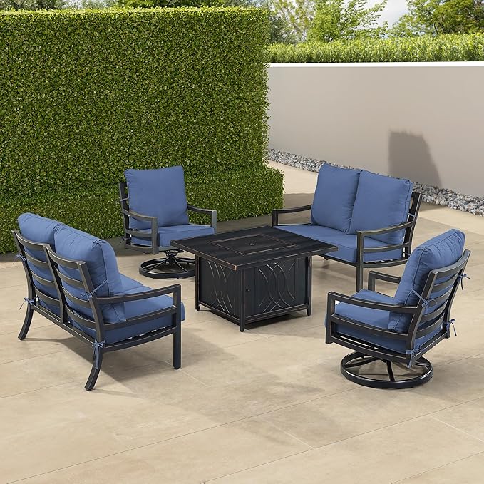 Oakland Living Black Aluminum Patio Fire Table Set with Two Deep Seating Loveseat with Cushions and Two Club Chairs with Blue Cushions