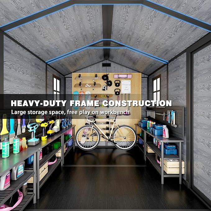 10x8 FT Resin Outdoor Storage Shed with Floor, Weather-Resistant Plastic Garden Shed with Windows, Lockable Door and Vents, Outside Tool Storage Sheds for Backyard, Garden, Patio, Lawn, Wood Grain