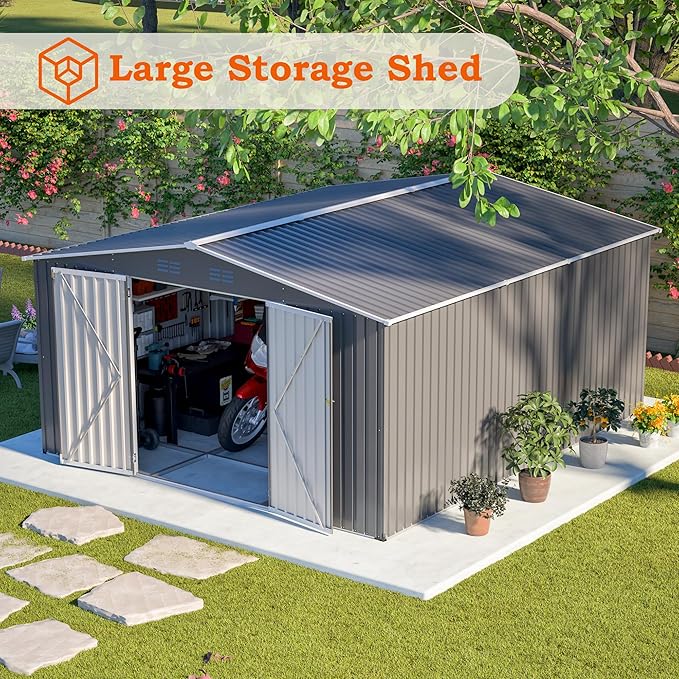 12x14FT Outdoor Storage Shed Metal Shed W/Floor Frame,Garden Tool House W/ 4 Air Vents,Lockable Double Doors & Sloped Roof,for Patio,Lawn,Backyard,Light Gray