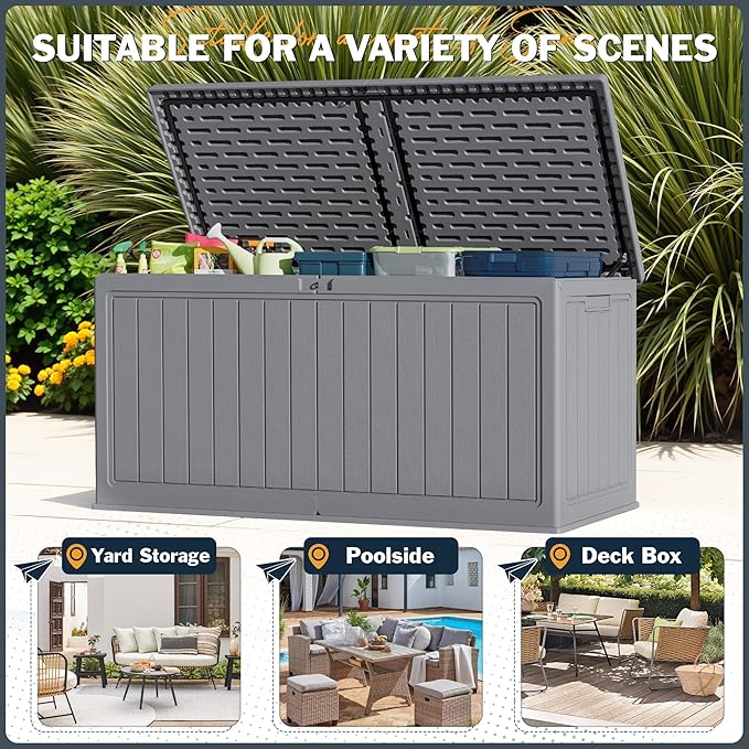 Greesum 260 Gallon HDPE Outdoor Storage Box - Waterproof, Large Capacity Deck Box with Removable Dividers for Patio, Yard, Garden Tools, Light Grey