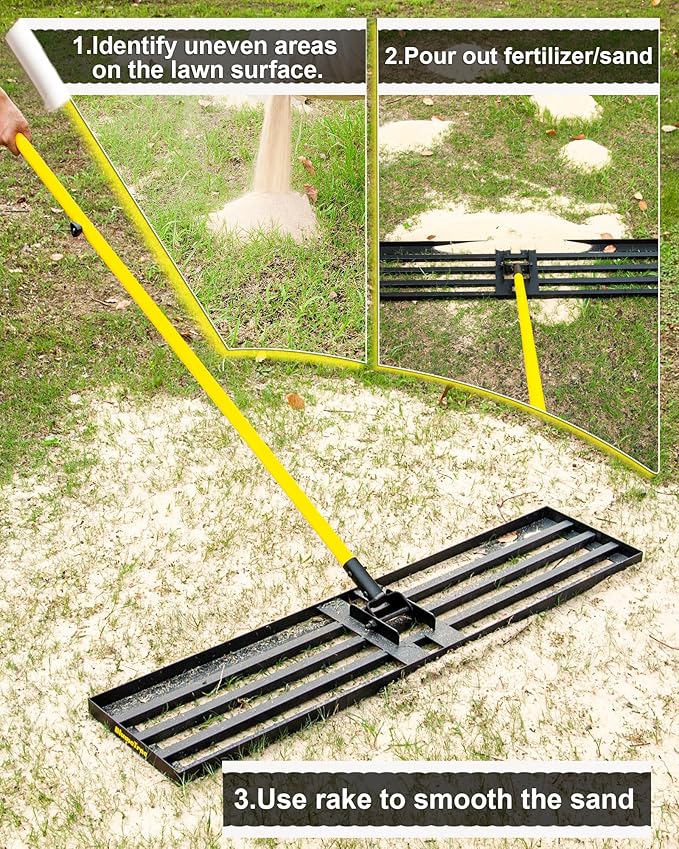 Lawn Leveling Rake, 30"x10" Heavy Duty Sand Leveling Tool with 7FT Long Handle, Steel Golf Rake for Soil, Compost, Gravel, Lawn Leveler for Yard, Garden, Golf Course, Landscaping Level Tool