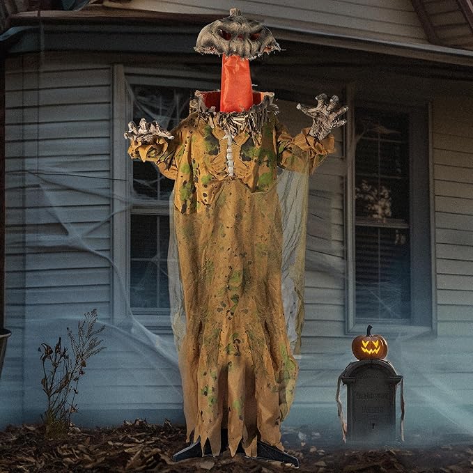 Hourleey 6FT Animatronics Halloween Decorations Outdoor, Animated Pumpkin Ghost with Pop Up Head and Sound Activation for Indoor Party Haunted House Prop Yard Lawn Decor
