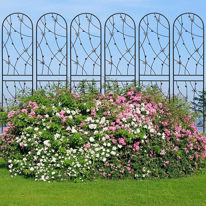 6 Pack Metal Garden Trellis 86.7" Tall Outdoor Climbing Plant Support for Roses, Flowers, Rustproof Durable Black Galvanized Tube, Lawn Garden Fence Decor Screen, 86.7" H