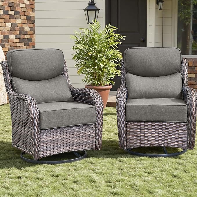 Outdoor Patio Swivel Rocker Chairs Set of 2, Waterproof Wicker, High Back, Deep Seating, Wide Armrest, Upgraded 6 inch Thick Cushions, Ideal for Deck Porch Backyard, Brown/Grey