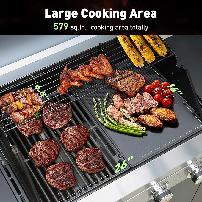 Brand-Man 4-Burner Gas Outdoor Kitchen Grill Island with Side Burner - 44,000 BTU Stainless Steel BBQ Grill Station with Storage Cabinets, Fold-out Prep Table, LPG/NG Convertible, Black