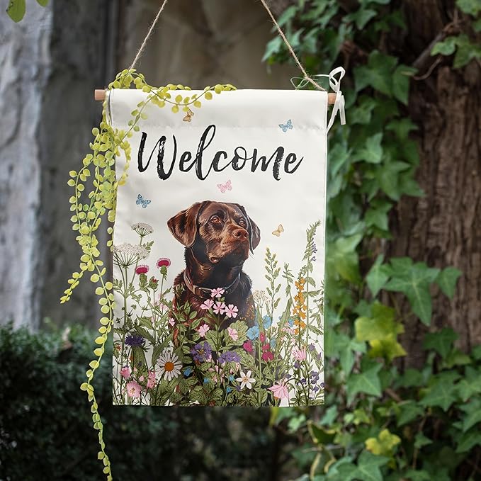 Spring Summer Garden Flag Floral Chocolate Lab Yard Flag Flower Labrador Dog Garden Flags for Outside Small Outdoor Welcome Flags 12x18 Double Sided
