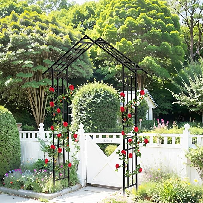 Metal Garden Arch Arbor Trellis Climbing Plants Outdoor Black Flat Top or Arch, Adjustable Width W42.52''~W78.15'', for Lawn Wedding Party Archway