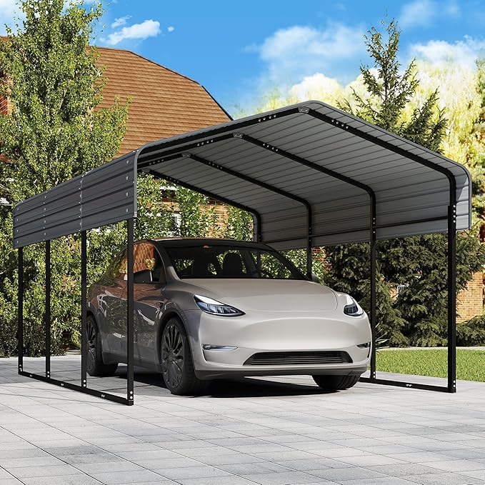 10x15FT Heavy Duty Metal Carport Canopy with Galvanized Steel Roof, Multi-Use Shelter Outdoor Garage for Car, Boat, Party,Gray