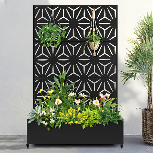 FENCY Metal Raised Garden Bed with Wheels and Trellis,73"x47"x16" Planter Box for Climbing Plants, Vegetables & Vines, Features Privacy Screen and Drainage Holes (Black-Star)