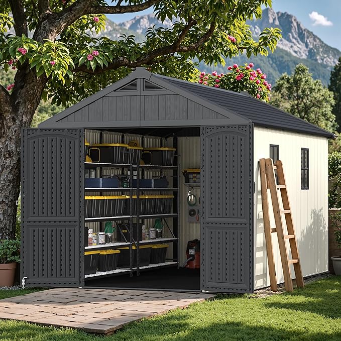 Devoko Plastic Storage Shed with Floor, 8 x 12 FT Outdoor Resin Tool Shed with Lockable Door & Sloping Roof, Patio Kick-it Shed for Garden, Backyard, Lawn, Beige
