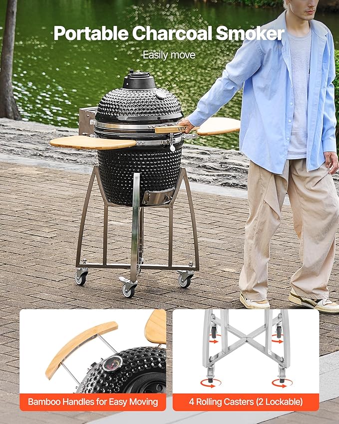 VEVOR Charcoal Smoker and Grill, 18" Kamado Charcoal BBQ Smoker, Movable Ceramic Barbecue Grill with 4 Wheels (2 Lockable), Built-in Thermometer, Air Vents & Side Shelf for Outdoor Patio Yard Cooking