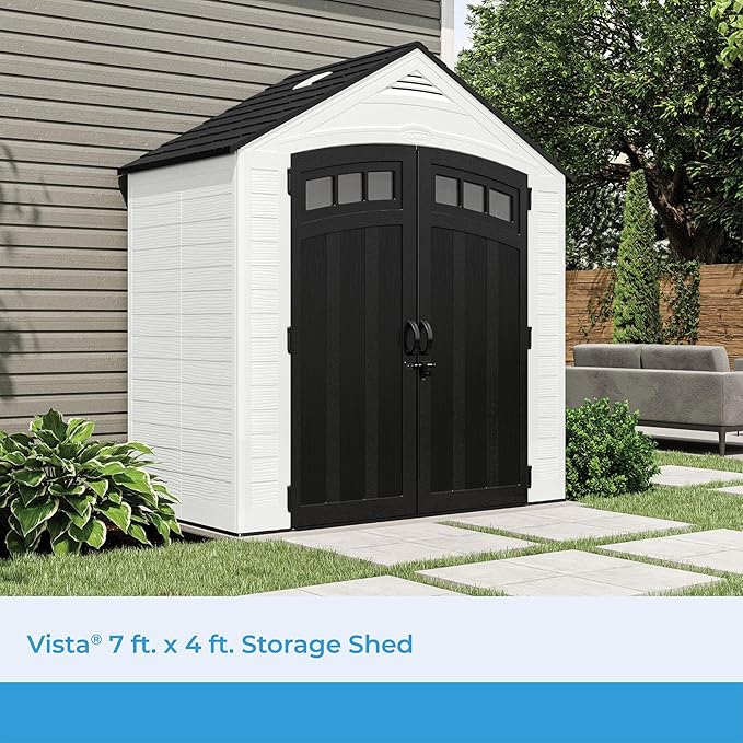 Suncast Vista 7' x 4' Outdoor Storage Shed with Pad-Lockable Double Doors and IllumiVent System, All-Weather Shed for Yard Storage, Brown, Made in The USA