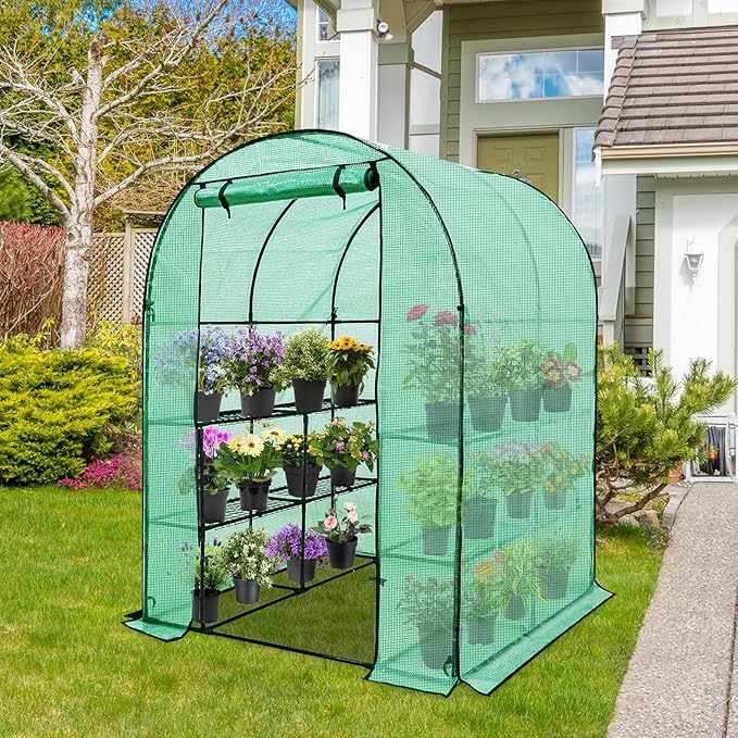 EAGLE PEAK 3-Tier Walk in Portable Greenhouse with 8 Wire Shelves, Indoor and Outdoor Garden House with Roll Up Zipper Door and Windows, Easy Set Up, 56.3"x56.3"x76.8", Clear/Green PE Cover