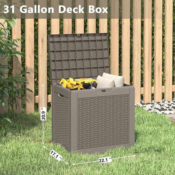 Deck Box, 31 Gallon Resin Outdoor Storage Box, Waterproof and UV Resistant Lightweight Storage Deck Box for Garden Tools, Supplies
