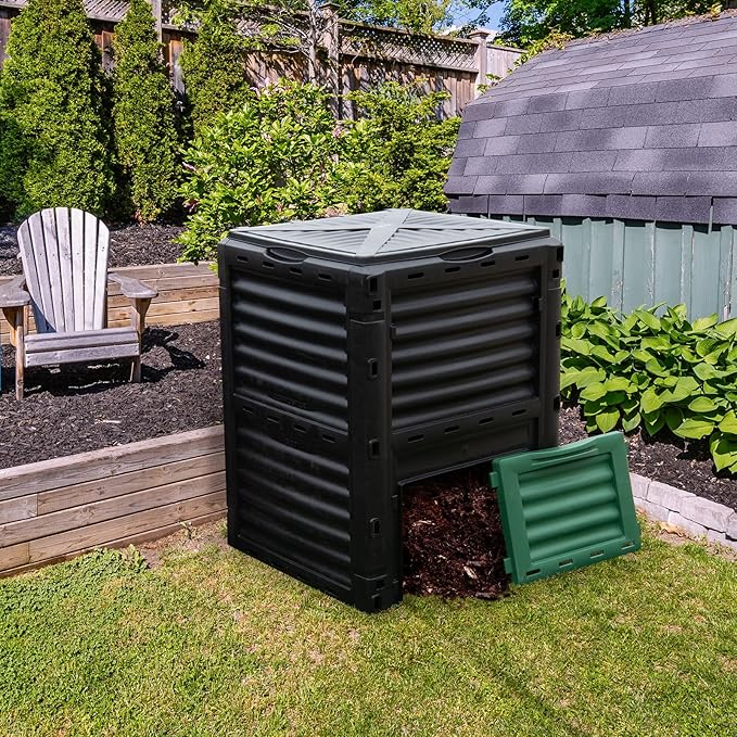 Goplus Compost Bin, 80 Gallon (300 L) Large Outdoor Composting Box w/Top Flip Latch-on Lid, Bottom Exit Door, BPA Free Material, Grass Food Trash Composter Barrel for Garden Yard, Easy Assembly