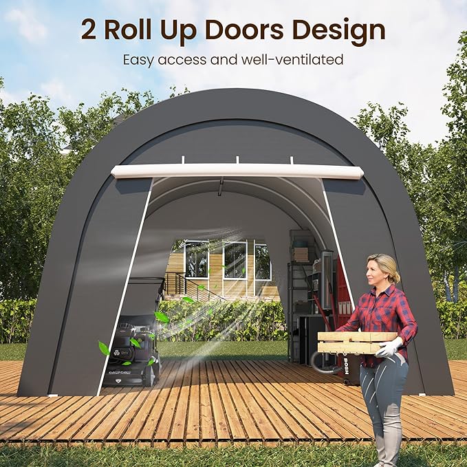 Wisteria Lane Domed Carport, 13' x 20' Portable Garage, Heavy Duty Car Canopy Party Tent with 2 Roll up Doors, All-Season Storage Shelter Shed Carport for Motorcycle, Boat, Truck, or Garden Tools
