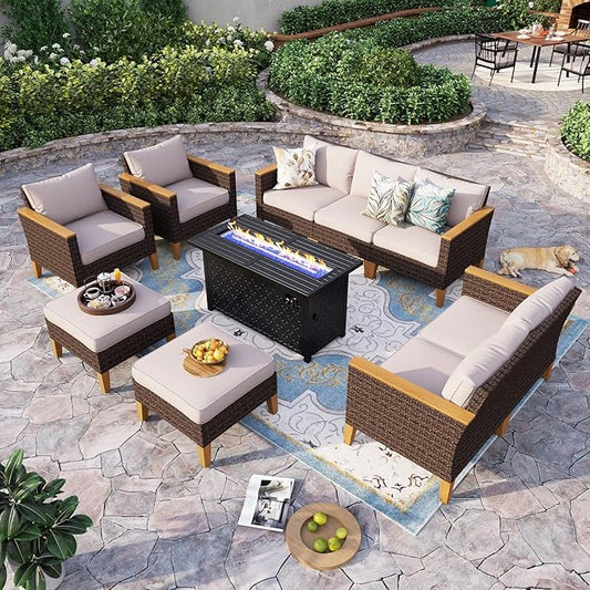 Sophia & William Oversized Patio Furniture Set with Fire Pit Table, Outdoor Wicker Rattan Sectional Sofa 8 Piece Patio Conversation Set for Deck, Backyard, Porch, Outside(45-Inch Fire Pit,Beige)