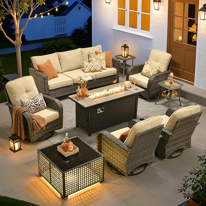 ovios 9 Pieces Patio Furniture Set, Outdoor Wicker Sofa Couch with Rocking Swivel Chairs Fire Pit Table, Modern Deep Seat Rattan Conversation Sets for Porch Deck, Beige