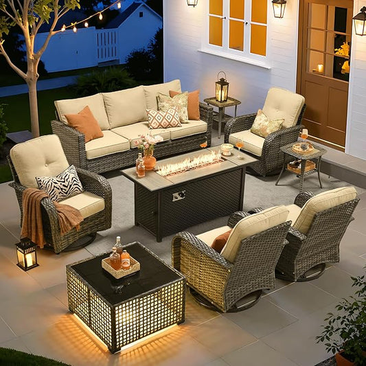ovios 9 Pieces Patio Furniture Set, Outdoor Wicker Sofa Couch with Rocking Swivel Chairs Fire Pit Table, Modern Deep Seat Rattan Conversation Sets for Porch Deck, Beige
