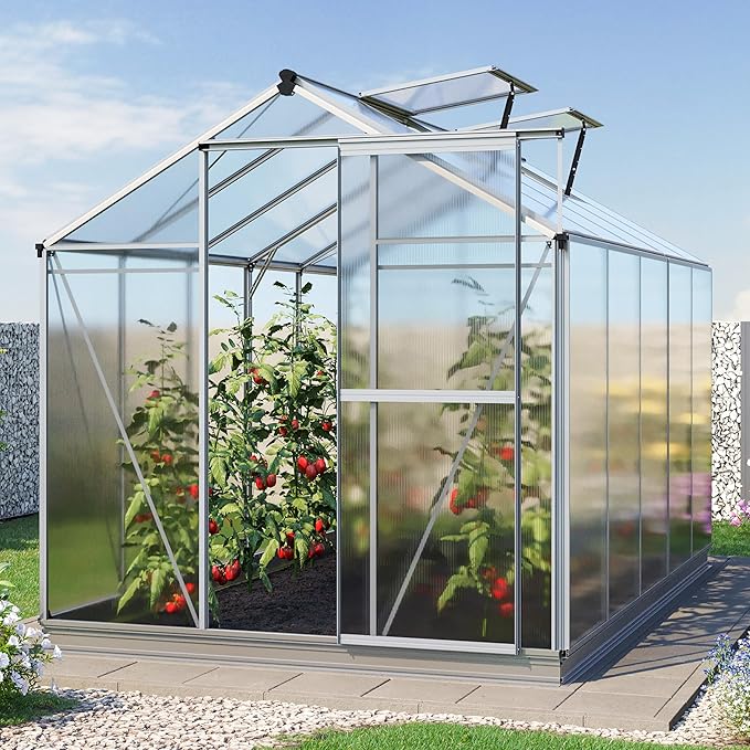 Greenhouse Jasmin 5 Aluminum Frame - 6.3 x 10.4 ft Approx. 6 mm Polycarbonate Panels - Bonus Base Frame and Automatic Vent Opener