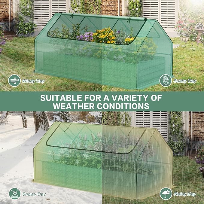 Aoodor 6 x 3 x 3 ft Raised Garden Bed with Mini Greenhouse Kit, Metal Planter Box with 2 Roll-Up Zipper Doors for Vegetables, Herbs, and Flowers