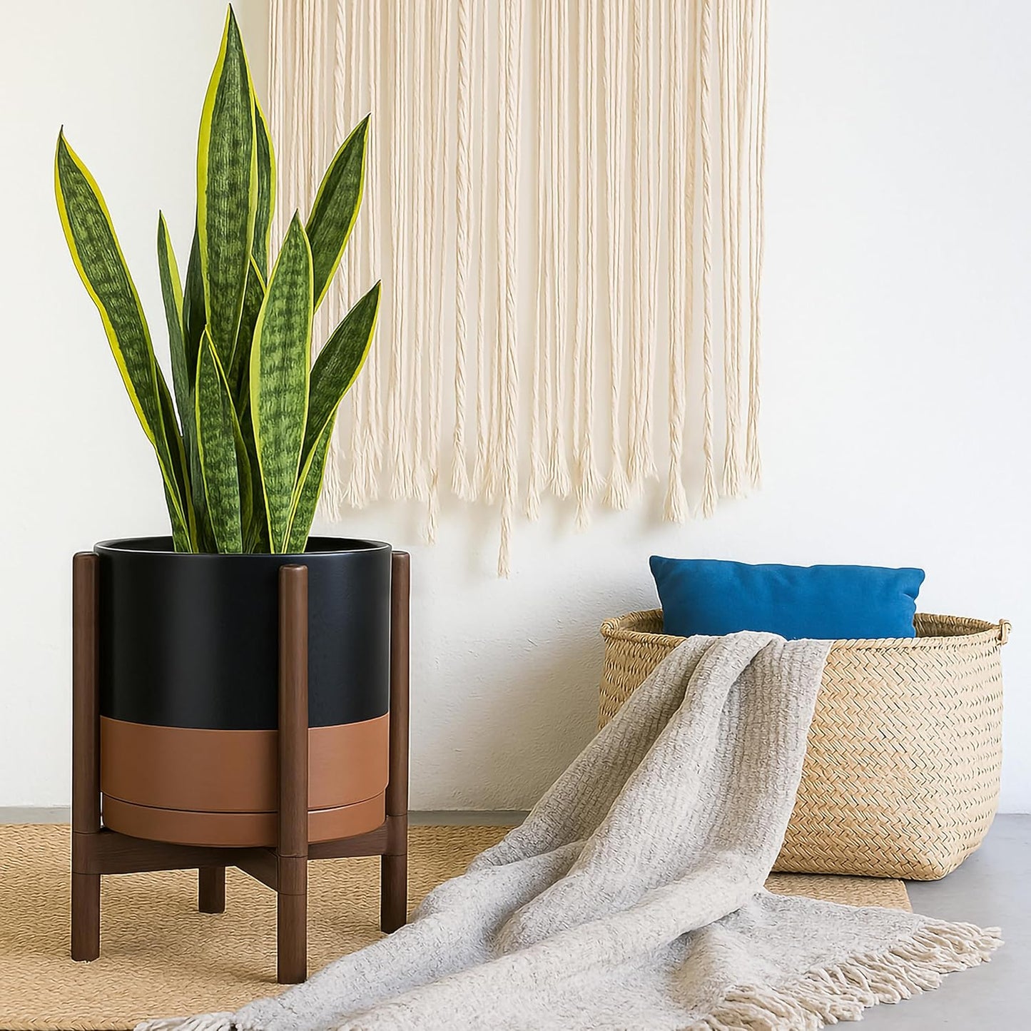 D'vine Dev Ceramic Planter with Walnut Color Stand - 12 Inch Modern Round Flower Pot with Wood Planter Holder, Black/Speckled Tan, 55-B-W-7