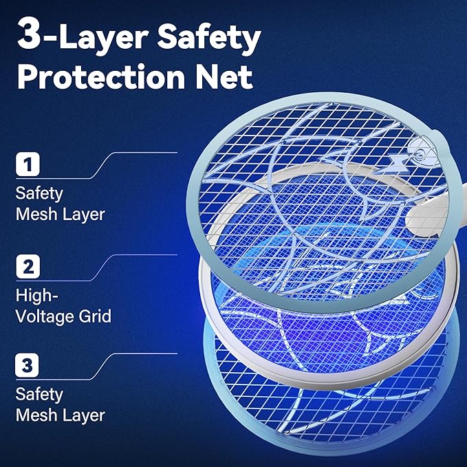 Electric Fly Swatter Racket, 2 in 1 Mosquito Bug Zapper 4100V Handheld Mosquito Killer with 1800 mAh Rechargeable Battery, Purple Light and 3-Layer Safety Mesh for Indoor Outdoor Blue