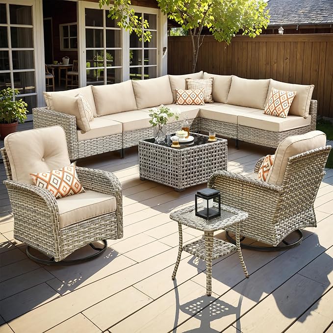 Outdoor Sectional Patio Furniture Set with Swivel Rocking Chairs,10 Pieces Wicker Conversation Sets L Shaped Couch Out Door Sofa Set Outside Furniture for Garden Deck Yard Porch,Beige