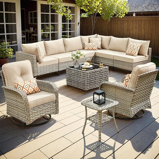 Outdoor Sectional Patio Furniture Set with Swivel Rocking Chairs,10 Pieces Wicker Conversation Sets L Shaped Couch Out Door Sofa Set Outside Furniture for Garden Deck Yard Porch,Beige