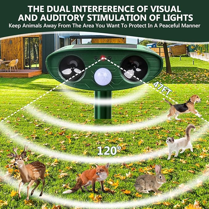 2 Pack 2025 Upgraded Solar Ultrasonic Animal Repellent Outdoor Deer Repellent Devices Motion Detection Waterproof Cat Squirrel Mouse Raccoon Dog Repellent Deterrent with Flash Lights for Yard Farm (2)