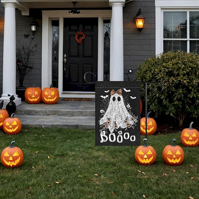 Boo Halloween Garden Flag for Outside, 12x18 Inch Double Sided Halloween Pumpkin Ghost Spider Web Bats Yard Flag, Farmhouse Small Yard Flags for Outdoor Decorations, Holiday Decor Gifts-A11
