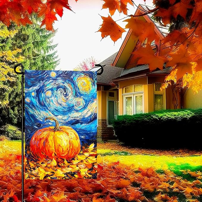 Fall Pumpkin Garden Flag Autumn Golden Leaf Yard Flags Van Gogh Oil Painting House Banner Art Starry Night Sky Moon Thanksgiving Harvest Garden Flags for Outside Porch Lawn Decor 12 x 18 Inch