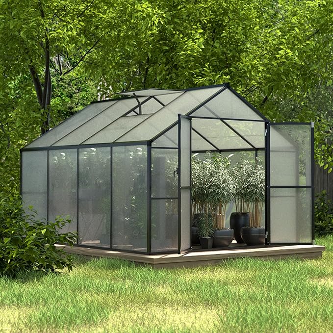 BlueWish 8x8FT Greenhouse for Outdoors, Greenhouses with Adjustable Vents, Lockable Door, Outdoor Aluminum Greenhouse Kit with Polycarbonate Panel, Walk-in Green House for Garden, Backyard, Gray