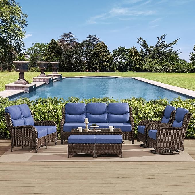 HILLGA Luxury High Back Patio Furniture Set with 6-Inch Thick Cushion, 7-Piece Outdoor Conversation Set with Sofa, Swivel Rocker Chairs & Ottomans, Ideal for Porch Pool Deck Yard (Blue)
